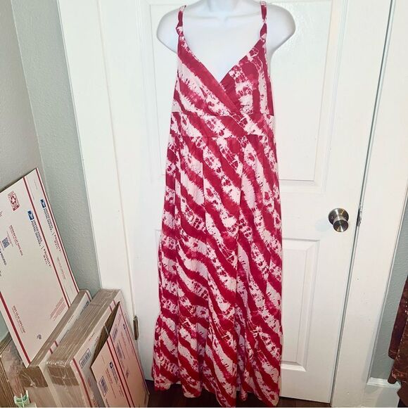 Calypso St. Barth Target Pink Red Tie Dye Cotton Tiered Maxi Dress Faux Wrap 12 - Picture 5 of 12